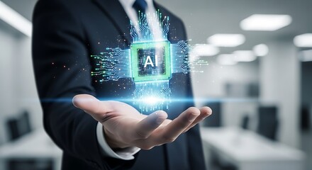 AI in Business - Man Holding Holographic Chip with AI Symbol.