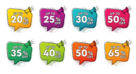 Collection of speech bubbles featuring percentage discount offers, conveying marketing promotions and sales