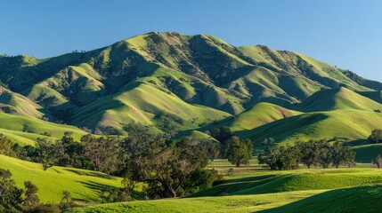 Obraz premium Lush Green Rolling Hills Under Bright Blue Sky in Serene Landscape with Majestic Mountains in Background