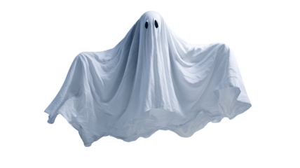 Spooky flying ghost covered with white sheet and black eyes floating in air isolated on white background