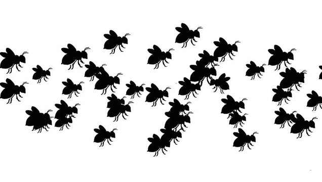 Animated Swarm of Black Bee Silhouettes Flying Across a White Background.