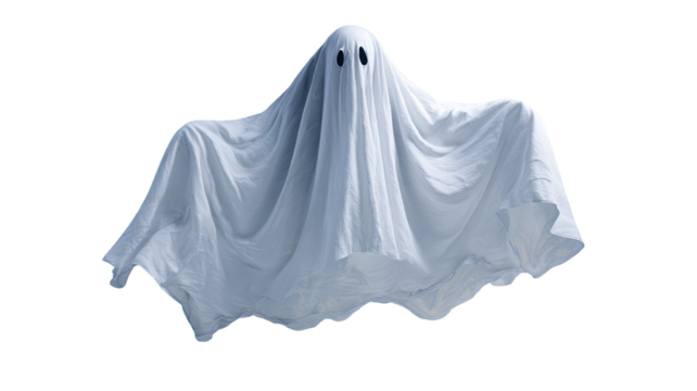 Spooky flying ghost covered with white sheet and black eyes floating in air isolated on white background