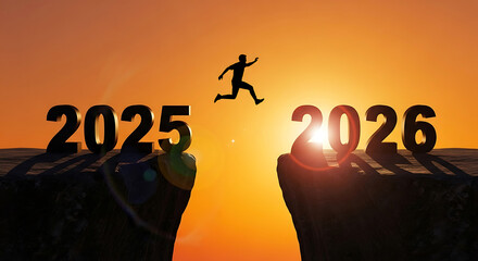 Man Jumping from 2025 to 2026 Cliff at Sunset | New Year Leap of Faith Concept for Fresh Start and Success