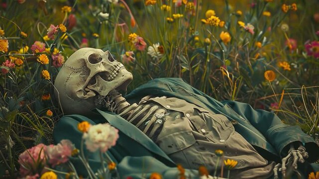 Video A skeleton lying in a field of colorful flowers, a symbol of mortality and beauty