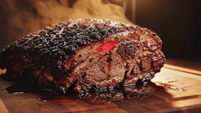 This process showcases how to create a tender smoked brisket with a flavorful crust. The meat steams gently, releasing delicious aromas while cooked in a warm kitchen.