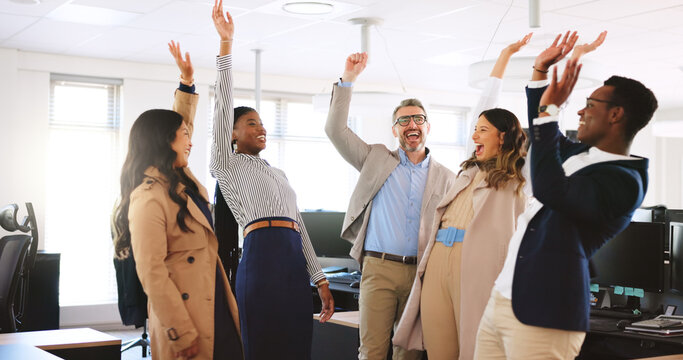 Corporate, people and hand stack in office for motivation, teamwork and celebration of success. Smile, staff and partnership for agreement, collaboration and solidarity support of company achievement - Powered by Adobe