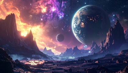 A celestial scene showcasing a vibrant nebula and planets. A terrestrial planet sits near a rocky landscape with a galaxy