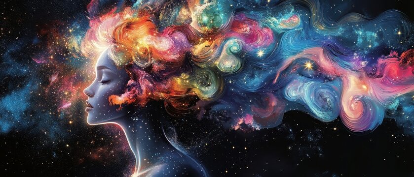 A surreal depiction of a woman's colorful, imaginative thoughts.