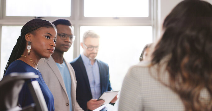 Attention, collaboration and meeting with business people in office together for feedback or review. Conversation, development and flare with employee group in corporate workplace for planning