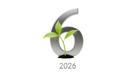 Silver number six with green sprouting leaves and year 2026