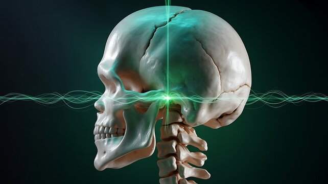 3d render of human skull with glowing green energy beam