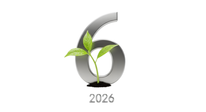 Silver number six with green sprouting leaves and year 2026