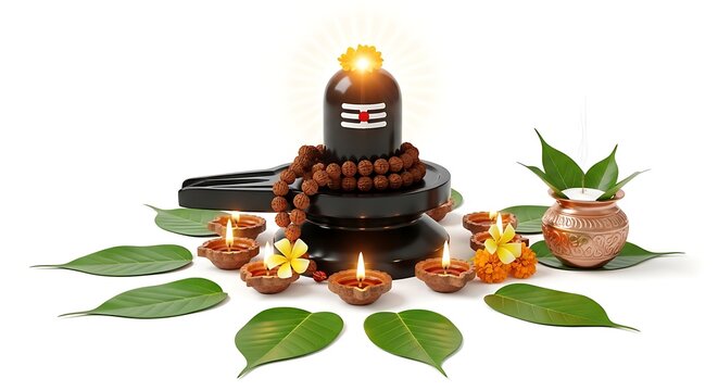 Shiva lingam decorated with rudraksha beads, betel leaves, diya and flowers isolated on white background, representing the divine energy and auspiciousness in hindu tradition