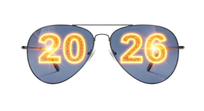 Aviator sunglasses displaying the year 2026 in glowing orange numbers