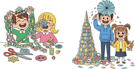 Happy children making colorful paper crafts, kids creating holiday decorations with paper chains, snowflakes, and handmade Christmas tree art, fun creativity