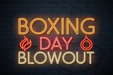 Bright neon Boxing Day blowout sale sign on brick wall beckons savvy shoppers with festive holiday deals