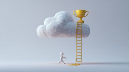 A minimalist figure ascends to a trophy