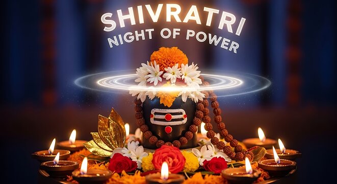 A captivating shivratri celebration with a shiva lingam adorned with flowers and surrounded by glowing diyas, creating a spiritual and festive atmosphere for the night of power - Powered by Adobe