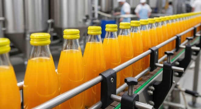 Industrial Juice Bottling: Rows of Glass Bottles Filled with Orange Juice Moving Along a Conveyor Belt in a Food Processing Plant for Production and Manufacturing