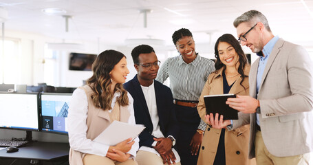 Marketing agency, group or feedback with tablet for schedule planning, advertising or campaign release. Brand promotion, organize project or people review launch timeline, digital agenda or teamwork