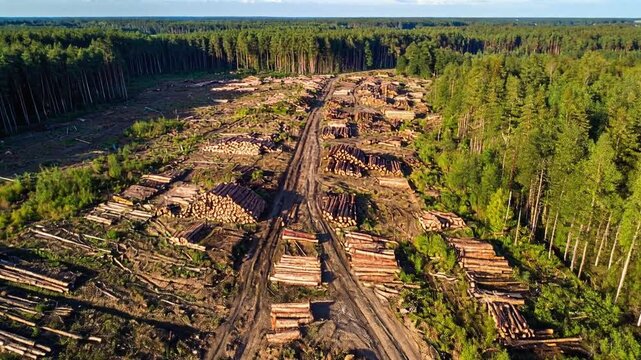 Massive logging operation clear-cut forest and stacks of logs, aerial view. Deforestation, timber industry, and environmental impact concept.