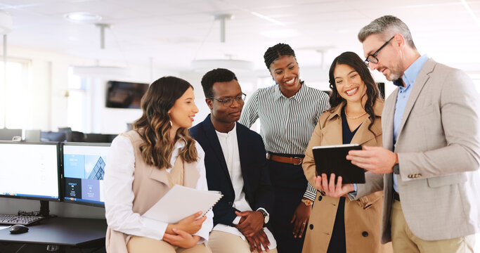 Marketing agency, group or feedback with tablet for schedule planning, advertising or campaign release. Brand promotion, organize project or people review launch timeline, digital agenda or teamwork