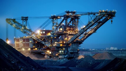 Epic wide video of a colossal bucket-wheel excavator, an immense industrial titan, excavating vast quantities of earth in a gargantuan open-pit mine under harsh cool floodlights and lens flare,