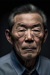 Studio close-up portrait of senior Asian Chinese man with serious expression and blue shirt