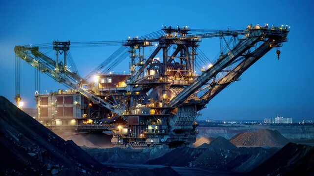 Epic wide video of a colossal bucket-wheel excavator, an immense industrial titan, excavating vast quantities of earth in a gargantuan open-pit mine under harsh cool floodlights and lens flare,