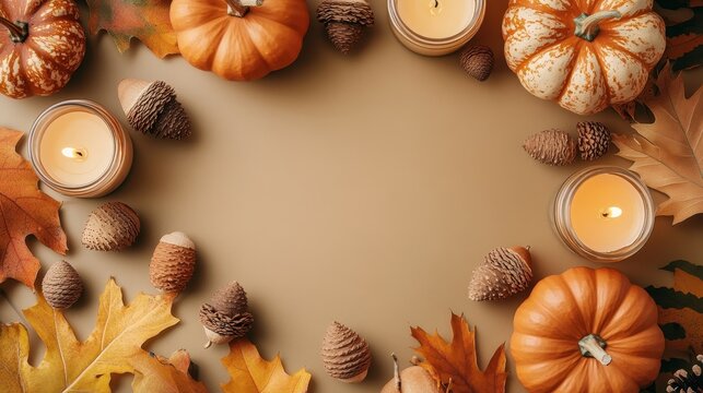 Autumn decorations with pumpkins and candles.