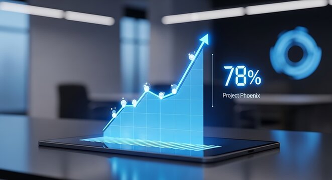 Holographic Business Growth Chart on Tablet in Modern Office.