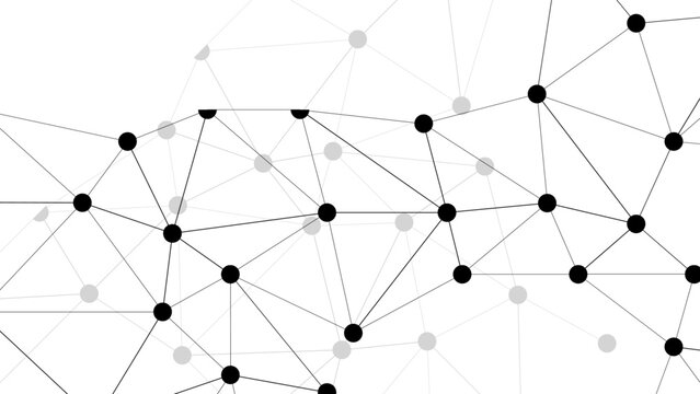 Abstract minimalistic black and white abstract network pattern with interconnected black dots linked by thin grey lines. Digital mesh network, with varying node sizes and line angles.