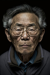 Portrait close-up of elderly Asian Chinese man with glasses and gray hair against dark background