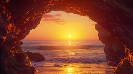 Wide‑Angle Composition of a Natural Rock Archway on a Coastal Shore at Sunset Where the Arch Frames the Distant Horizon, the Sky Radiates Warm Hues and the Ocean Reflects Soft Ligh sunset at the beach