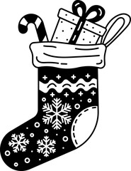 Solid Outline icon of a Christmas stocking with gifts