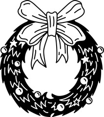 Solid Outline icon of a Christmas wreath with bow