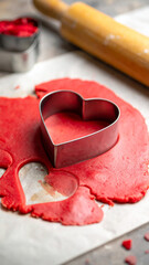 Close-up of Star Shaped Metal Cookie Cutter with Dough on Table, Warm Holiday Baking Scene, Christmas Kitchen Background with Soft Golden Bokeh Light
