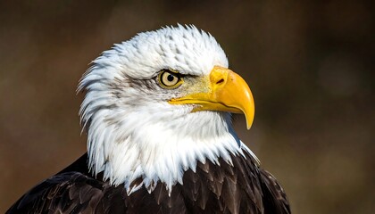 Close-up of a majestic raptor with striking white head feathers, piercing yellow eyes, and a powerful yellow beak. Blurred brown background