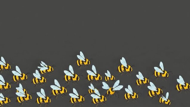 Cute Cartoon Bee Swarm Flying Across a Plain Background Animation.