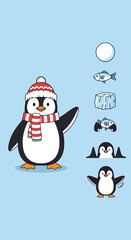 Fototapeta premium A cute cartoon penguin wearing a red and white striped winter hat and scarf, with small illustrations of winter elements and penguins on the side.