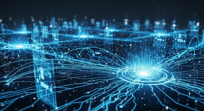 Futuristic Technology Network - Interconnected Data Flow in Blue Light.