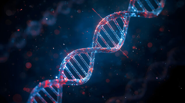 DNA Helix: A captivating close-up of a DNA helix, illuminated with vibrant colors and intricate detail. This visual marvel highlights the complex beauty of genetics and the building blocks of life.