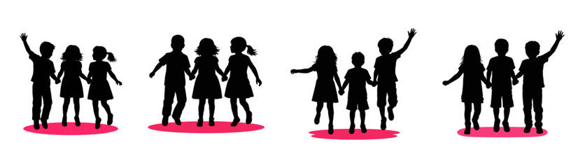 Silhouettes of four groups of happy children holding hands and playing together.
