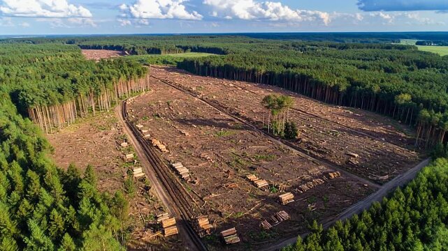 Massive logging operation clear-cut forest patch next to dense woodland. Deforestation, environmental impact, and timber industry concept.