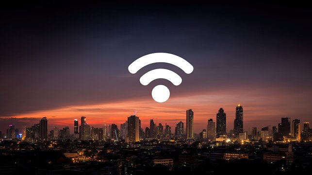 City skyline at sunset with wifi icon symbolizing connectivity