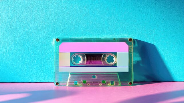 Colorful Vintage Cassette Tape on Bright Background with Shadows