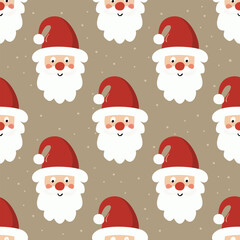 seamless vector pattern of cute, cartoon Santa Claus faces on a snowy background.