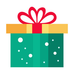 festive green and gold gift box decorated with white dots and a red bow