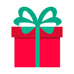 vibrant red gift box with a large teal green ribbon and bow
