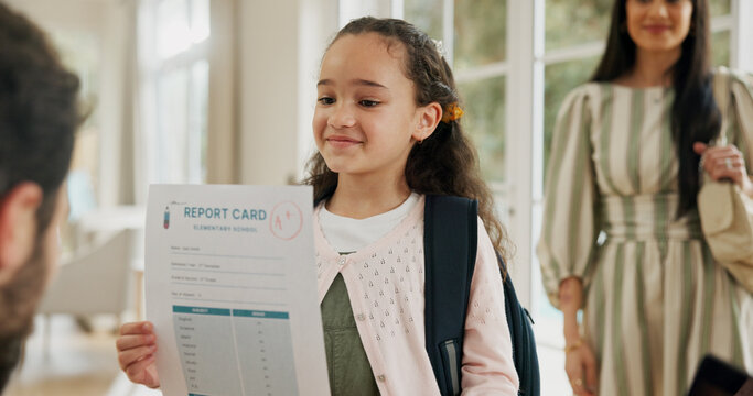 Home, pride and parents with girl, report card and education with growth, support and excited. Apartment, mother and father with daughter, good grades and knowledge with success and academic progress